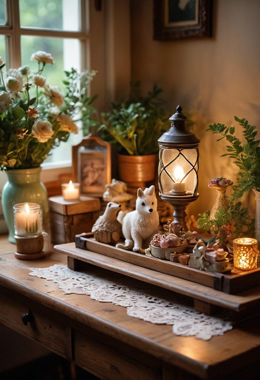 A cozy artisan workshop filled with handcrafted gifts, including elegant vintage items and charming decorations. Soft warm lighting illuminates the space, highlighting intricate details of wooden toys and delicate glassware. A beautifully wrapped gift sits atop a rustic wooden table, surrounded by lush greenery and flowers. A faint touch of nostalgia envelops the scene with hints of lace and antique frames. warm ambiance. super-realistic. vibrant colors.