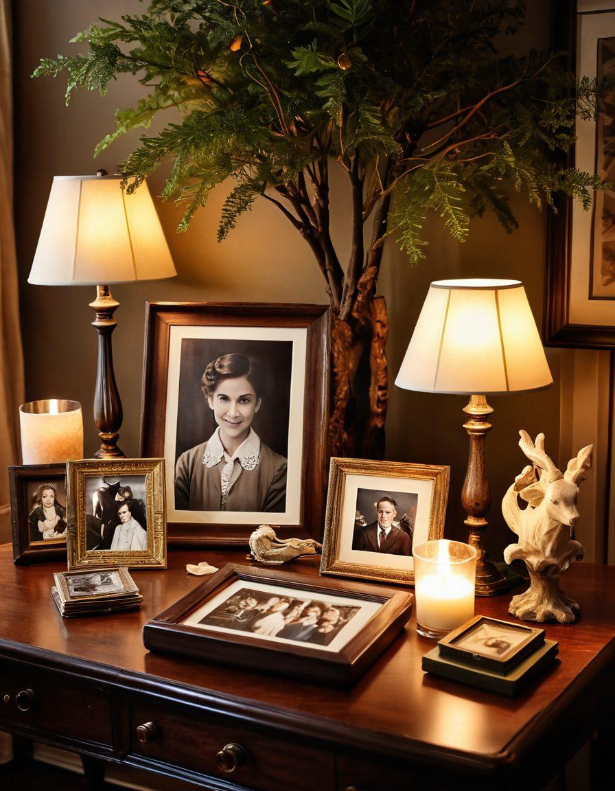 A cozy family gathering around a beautifully crafted table, showcasing an array of unique keepsakes like photo frames, heirlooms, and custom-made artifacts. Soft warm lighting enhances the sentimental atmosphere, with joyful expressions capturing the essence of lasting bonds. In the background, a tree representing family legacy, adorned with photos and mementos, adds depth to the scene. Timeless vintage style. warm colors. soft focus.