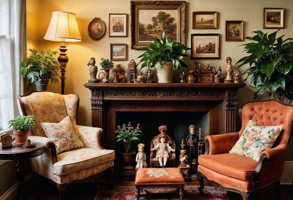 A nostalgic scene showcasing a cozy living room filled with intricately designed antique dolls from various eras, displayed on an ornate wooden shelf. Soft, warm lighting casts a gentle glow over a collection of unique keepsakes like old photographs, vintage postcards, and trinkets from travels. A comfortable armchair draped in a floral throw sits nearby, inviting viewers to reminisce about cherished moments. Lush indoor plants add a touch of vibrancy to the serene atmosphere. super-realistic. warm tones. rustic charm.